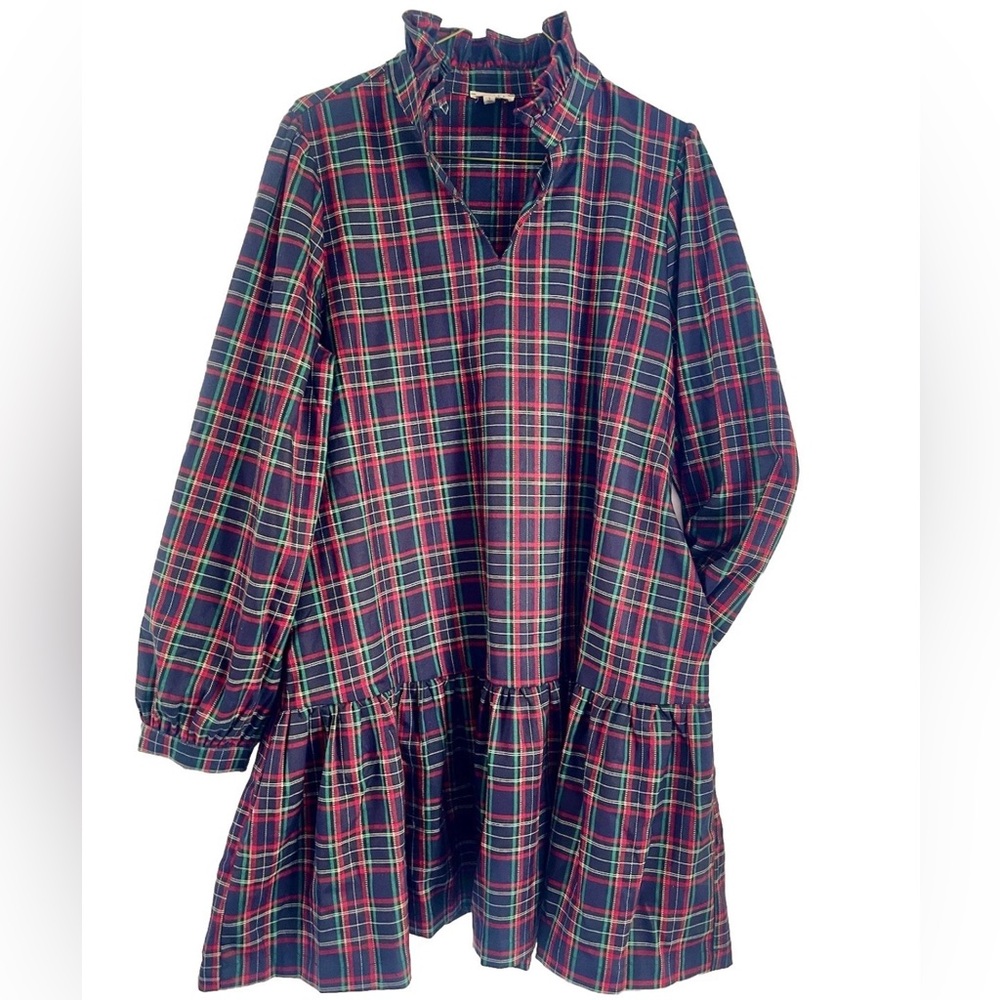 Highland Tartan Plaid Ruffle High Collar Dress Sz Large POCKETS Puff Sleeves